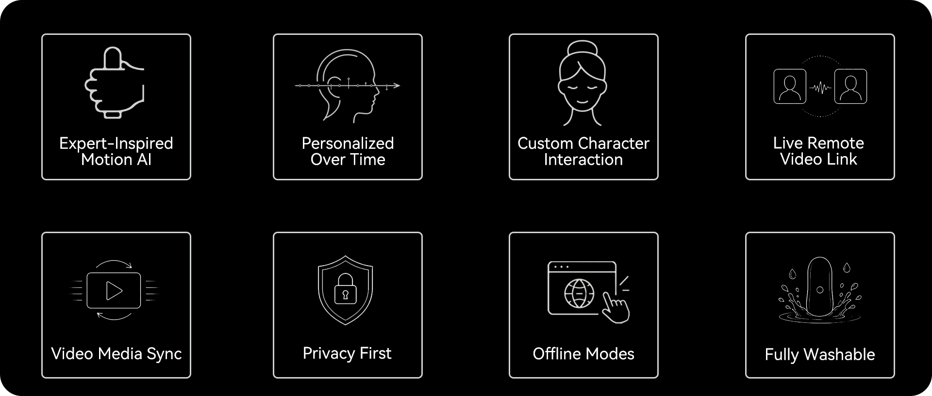 Eight Pulsar capabilities: expert-inspired motion AI, personalization, custom character interaction, live remote video, media sync, privacy, offline modes, and washability